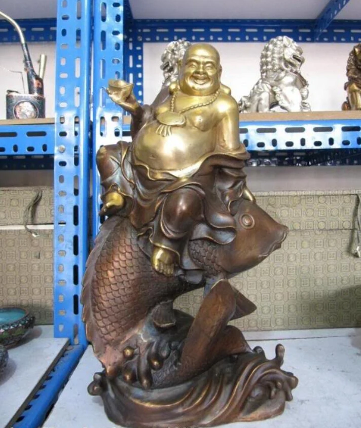 150401 S0650 17&quotChina classic Bronze Copper Lucky Happy Maitreya Buddha Ride on Fish Statue | Дом и сад