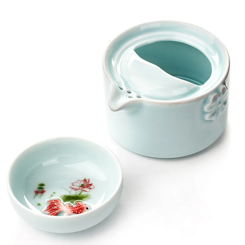 Высококачественный элегантный чайный сервиз gaiwan, Celadon 3D Карп чайный набор кунг-фу включает в себя 1 чайный горшок 1 чайную чашку, красивый и легкий чайник
