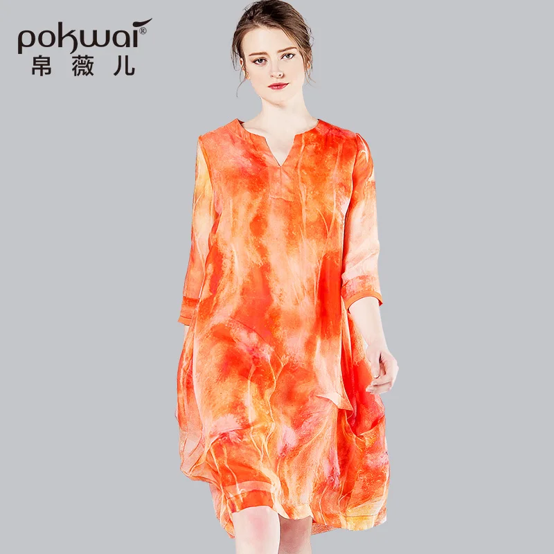 

POKWAI knee-length v-neck solid silk summer dress with three-quarter sleeve
