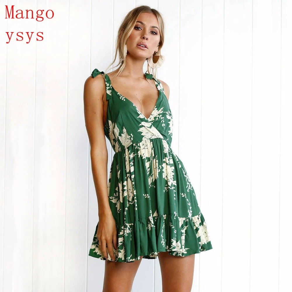 Mango 2018 vestido estampado floral fiesta ningt club Delgado Badycon corto playa Mini espagueti stap Vestidos Mujer verde|Vestidos| - AliExpress