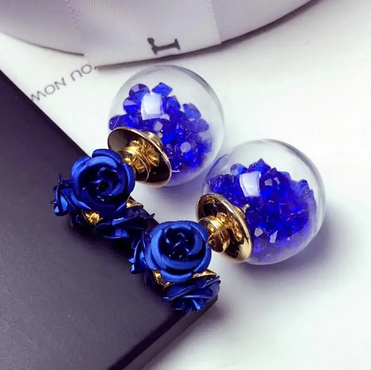 

2017 New Fashion Zircon Crystal Flower Blue Earring For Piercing Double Sided Glass Ball Stud Earring Women Jewelry Multicolors