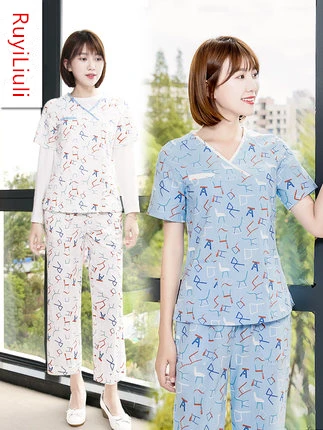 Новое хирургическое платье Южно-корейское больничное платье красота Больничная одежда для врачей Ручная стирка Женская одежда из хлопка и льна с принтом