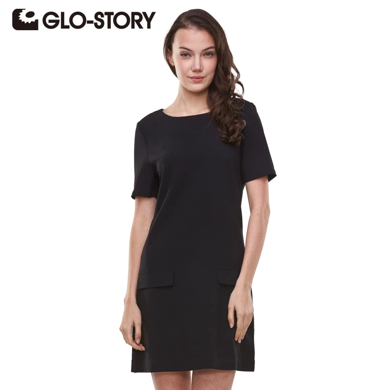 

GLO-STORY 2018 Women Short Sleeve Summer A-lined Wear to Work Black Elegant Dress with Zipper on Back and Fake Pocket WYQ-1787