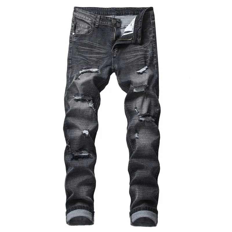 

Men's ripped jeans for men black fashion slim Straight elastic multi hole denim pants male brand jeans high quality trousers