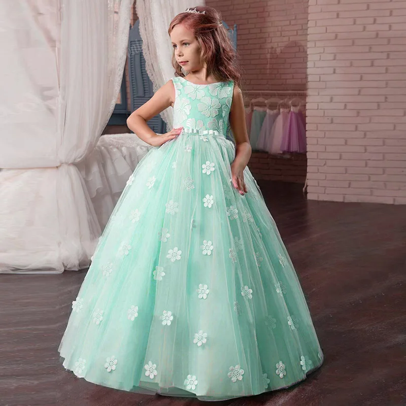 Кружевное платье с вышитыми цветами для девочек на день рождения, банкет вечерние платья для девочек - Цвет: green