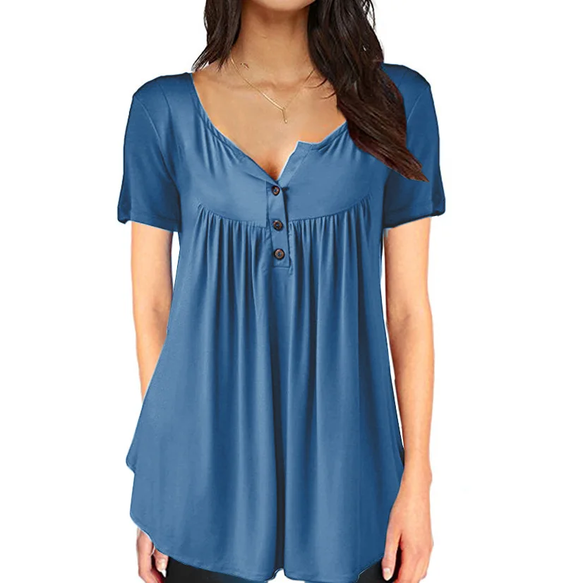 

Women's Shirt Fashion Casual Plus Size Loose Deep V Neck Maxi Female T-Shirts Spring Short Sleeve Solid 10 Color Optional Tops