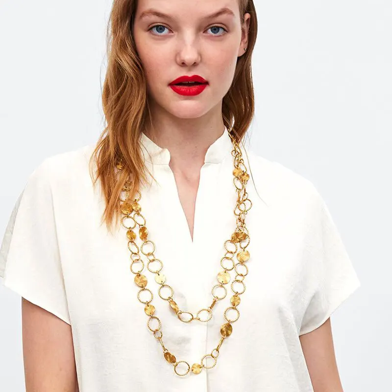 Женское Ожерелье с металлическими значками Girlgo в стиле панк, золотистого цвета, цепочка с кругами, колье, макси ювелирные изделия, вечерние украшения