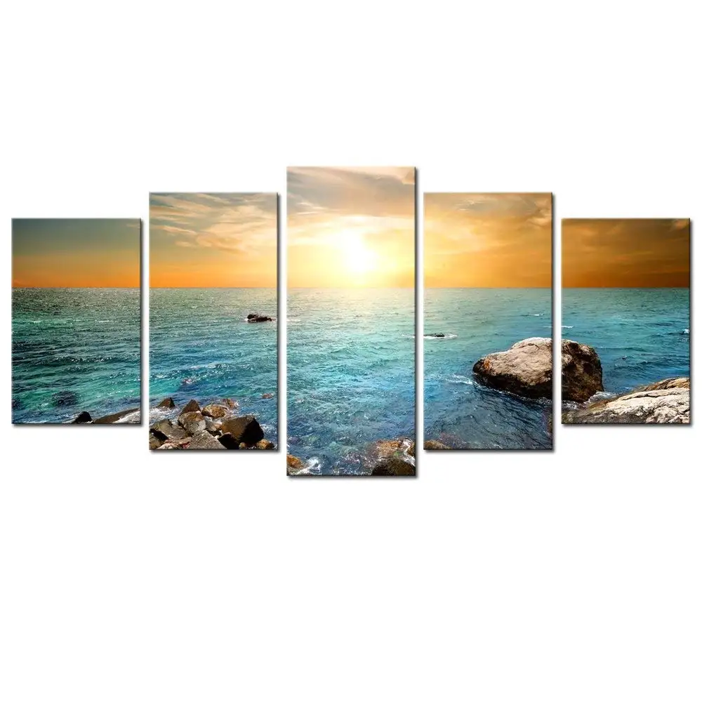 Sea Charm Peaceful Ocean 5 Panels Colorful Stones under Sunset Landscape Canvas Prints Wall Art for Home Decorations Framed Art Ready to Hang
