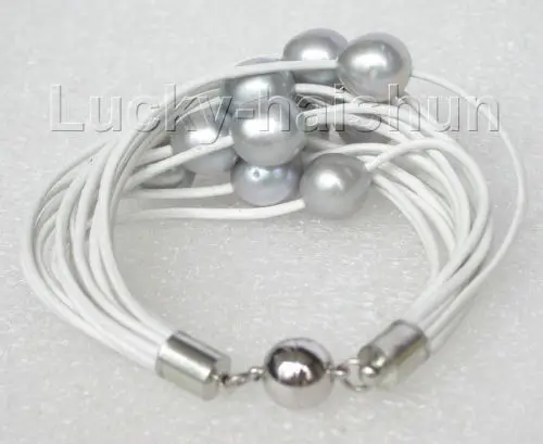 

Free Shipping >>>>>NEW 7" 14row 14mm Gray freshwater pearls white leather bracelet j8808
