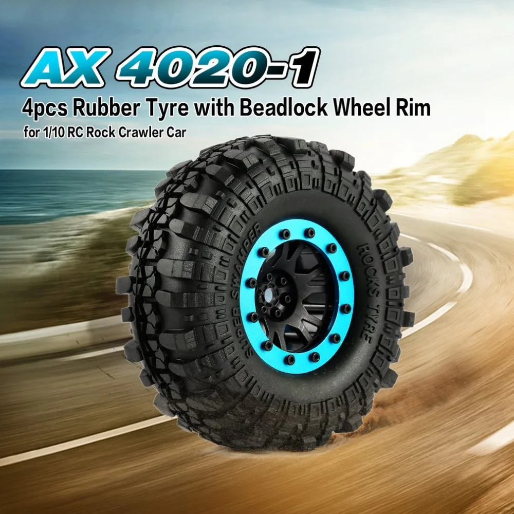 

4pcs AX 4020-1 110mm 1.9in Rubber Tire Wheel Rim with Alloy Beadlock for AXIAL SCX10 90046 RC4WD D90 1/10 RC Rock Crawler Car
