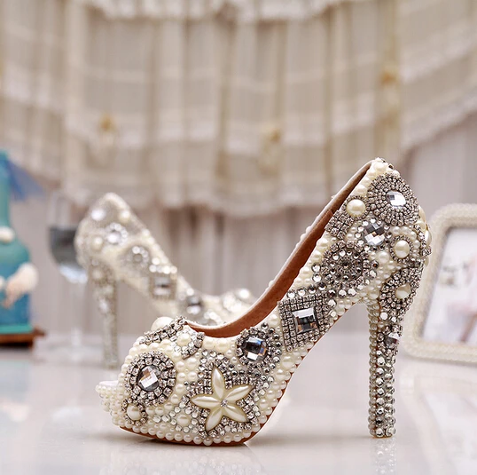 

Open toe rhinestone ultra high heels shoes women's pearl wedding shoes bridal lovely shoes plus size free shipping