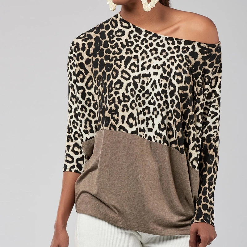 

Autumn Long Sleeve Shirt Women Fashion Spliced Off Shoulder Tops Patchwork Sexy Leopard T Shirt Casual Clothes Loose Streetwear