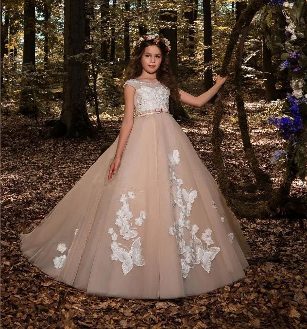 

Gorgeous Lace Butterflies Flower Girls Dresses Ball Gown Floor Length Girls Holy Communion Dress Princess Dress 0-14 Old