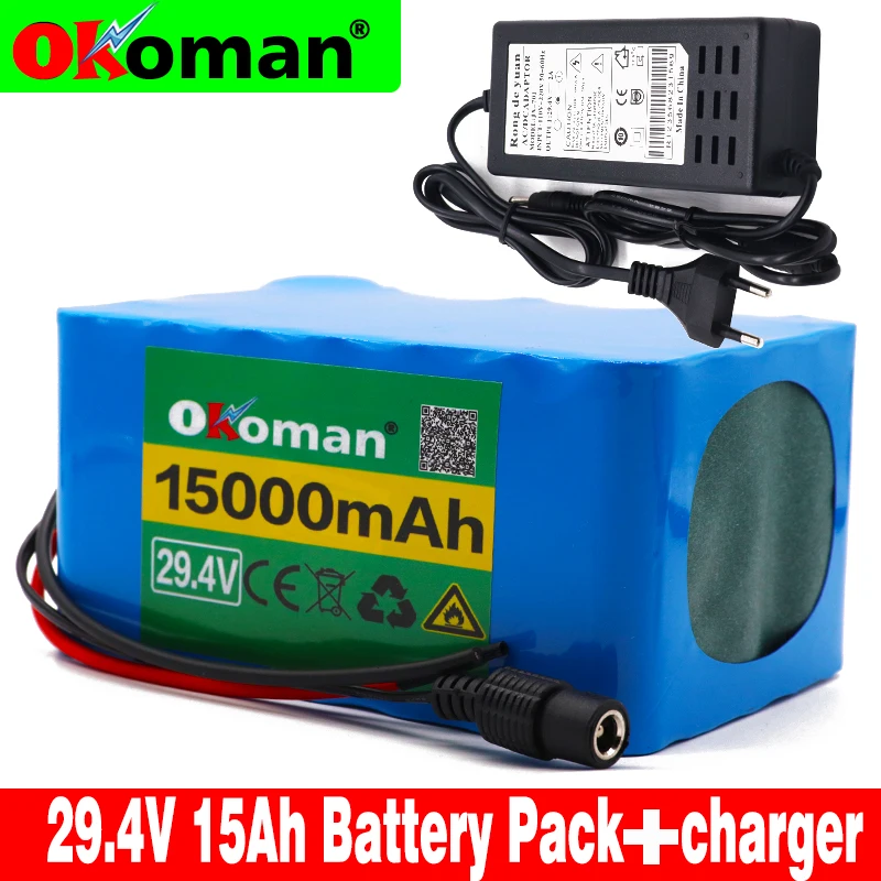 

Okoman high quality 7S5P 24v 15Ah battery pack 250w 29.4V 15000mAh lithium ion battery for wheelchair electric bicycle + charger