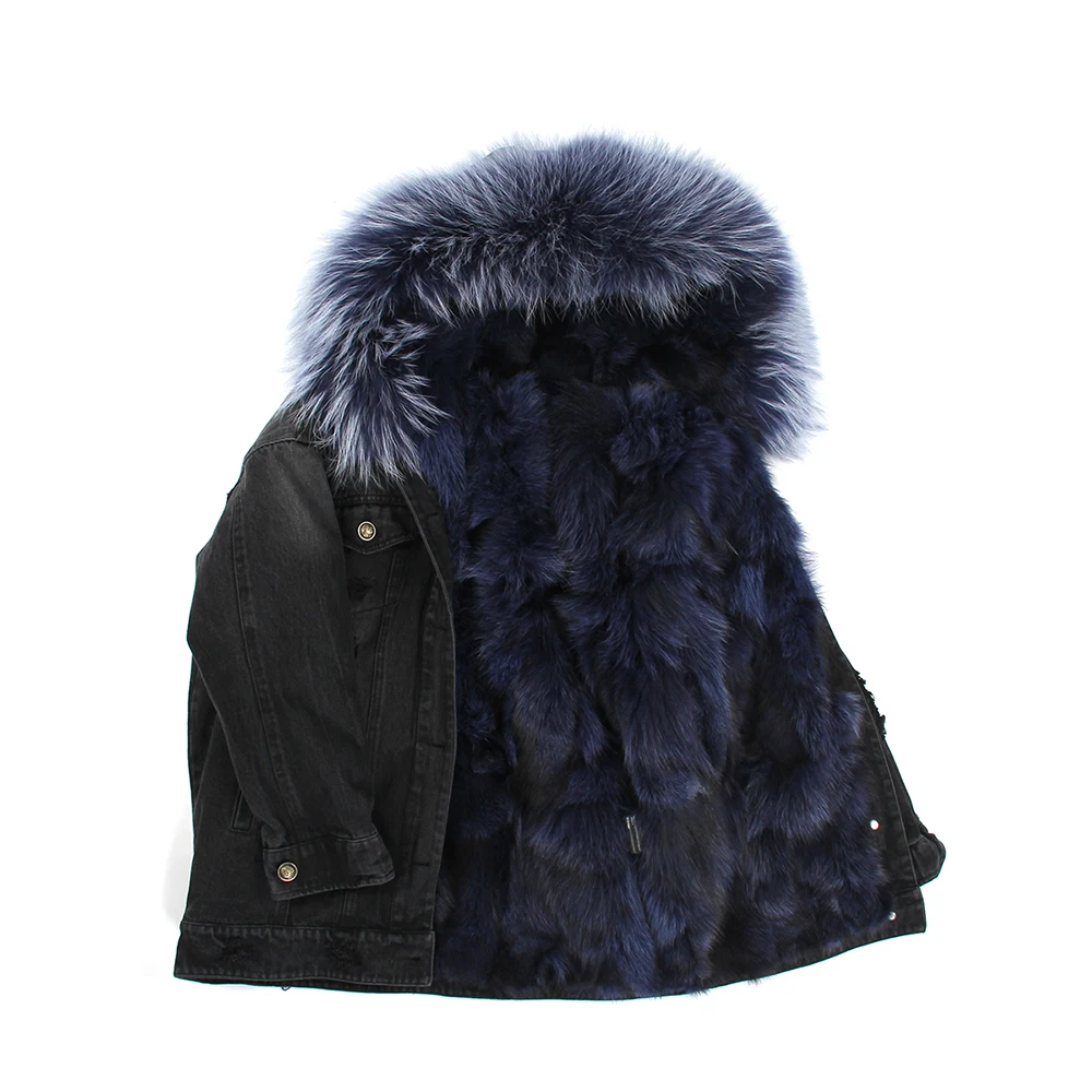 JAZZEVAR Новые зимние пуховик женский модные уличные женские джинсовые пальто из настоящего меха пуховик с мехом лисы съемная подкладка куртки с капюшоном