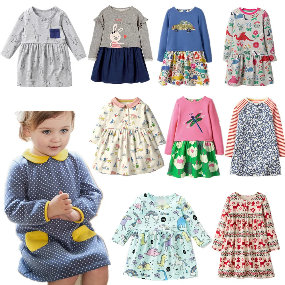 

New Brand Long Sleeve Kids Girl Cartoon Striped Dinosaur dots Dresses For baby Girls Fall Spring Girls Clothes Children Dresses