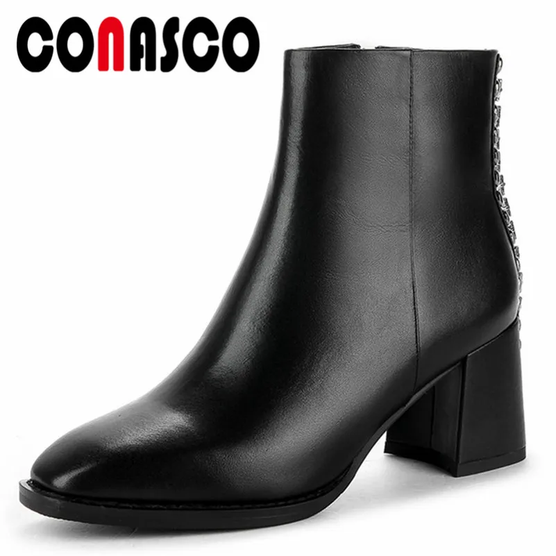

CONASCO Punk Sexy Women Cow Leather Ankle Boots Thick High Heeled Martin Shoes Woman Rhinestone Party Pumps Sexy Basic Boots
