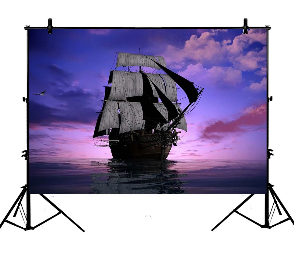 

5x7ft Night Purple Sky Sea Seagull Pirate Boat Polyester Photo Background Portrait Backdrop