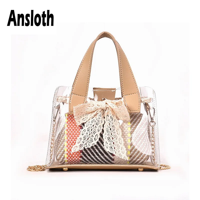 

Ansloth New Transparent Straw Bag For Women Bow-knot Beach Bag Ladies Small Summer Bag Female Shoulder Bag And Handbag HPS490