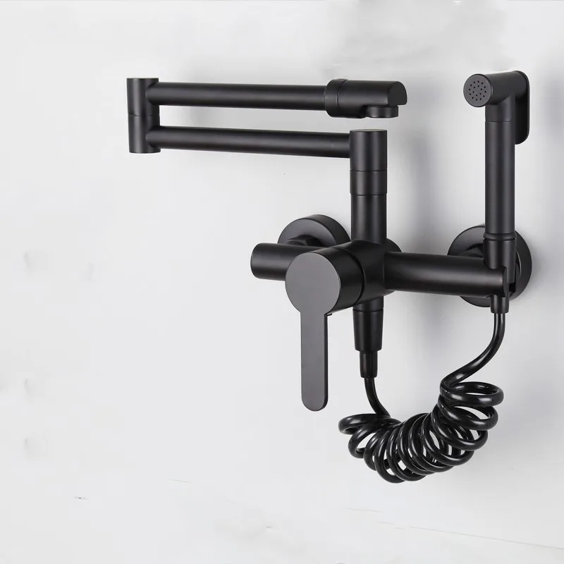  Wall mounted brass kitchen sink faucet Black Multifunctional kitchen mixer faucet with brass handhe