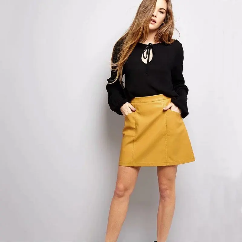 

2019 New Women Office A-line Faux Leather Mini Skirts Lady High Waist PU Micro Pink Black Dark Green Yellow Zipper Skinny Skirt