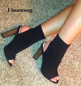 

Hot Selling Short Boot Summer Round Heels Peep Toe Ankle Boot Fashion Stretch Fabric Slip-on Women Boots Summer High Heel Boots