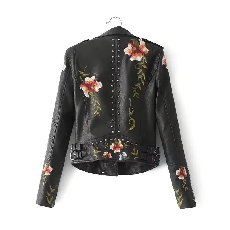 Women Floral Print Embroidery Faux Soft Leather Jacket Coat Turn-down Collar Casual Pu Motorcycle Black Punk Outerwear