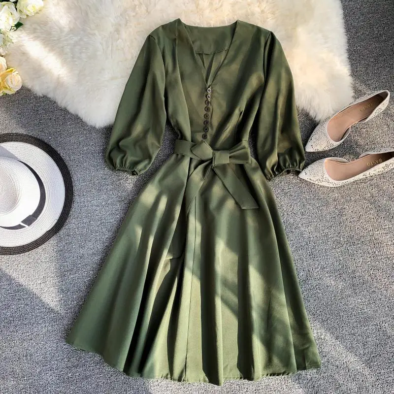 

2019 Summer Women Brief Artistic Chiffon V-neck Waistband Pullover Dress Ladies Three Quarter Lantern Sleeve Casual Swing Dress