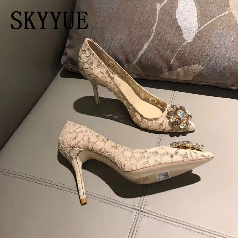 

2018 New Genuine Leather Crystal Beading Slip On Women Pumps Pointed Toe Laces Women HIgh Heels Shoes Women
