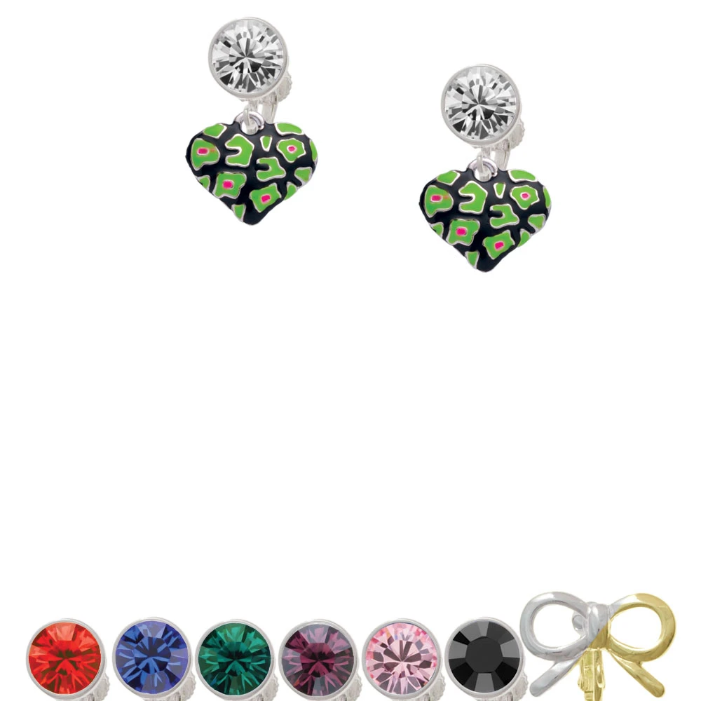 Lime Green Cheetah Print Heart Crystal Clip On Earrings