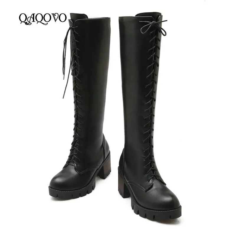 

Spring Autumn Lacing Knee High Boots Women Fashion Black Square Heel Woman Leather Shoes Winter Large Size 34-43 2019
