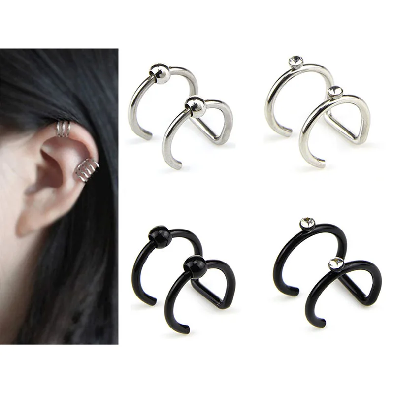 2Pcs Non Piercing Closure Earring Stainless Steel Double And Triple Hoop Ear Clip On Tragus Cartilage Rings Fake No Piercing