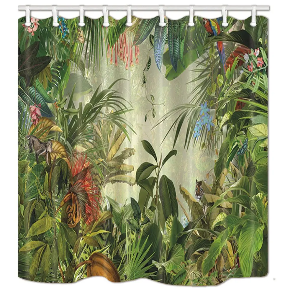 Tropical Rainforest Decor Animals Palm and Banana Leaves Mildew