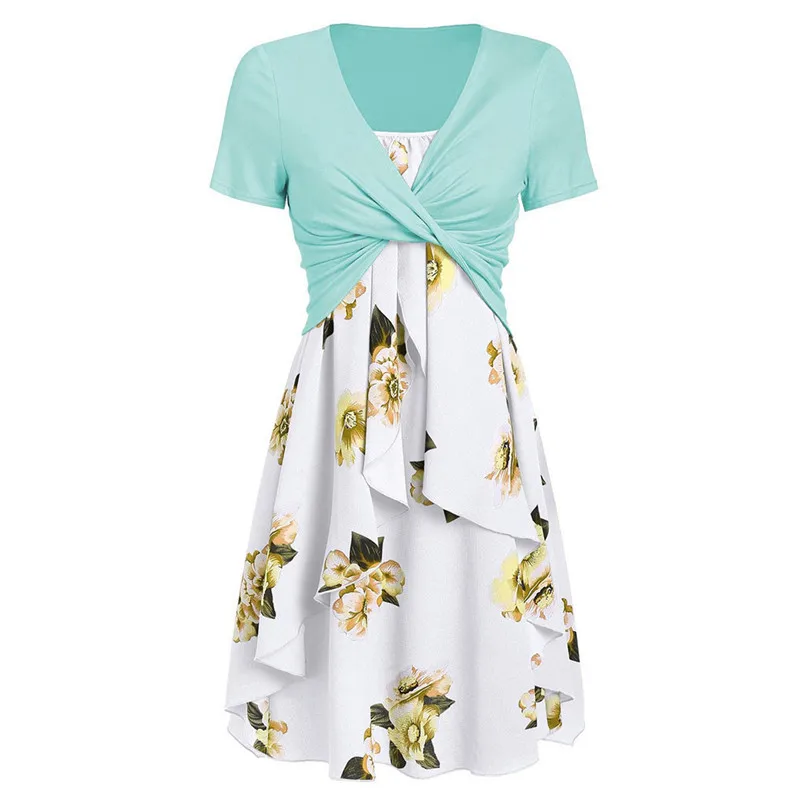 New Fashion Women Summer Short Sleeve Front Cross Cross Top Floral Print Mini Dress Elegant Ladies Casual Party Vestidos #4R09   (15)