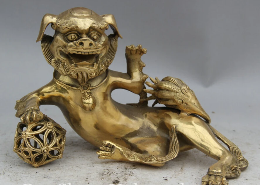 

R0717 Details about 8" Chinese Folk Feng Shui Brass Lion Foo Dog Beast Play Ball Statue Sculpture B0403