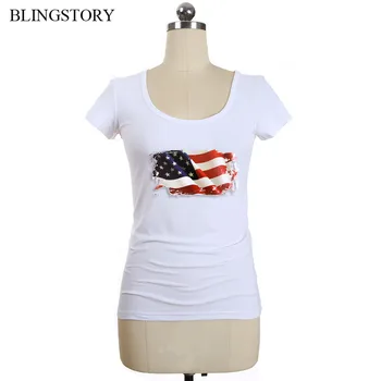 

BLINGSTORY Large Size Women O-neck Summer American Flag Print Cotton T-shirt