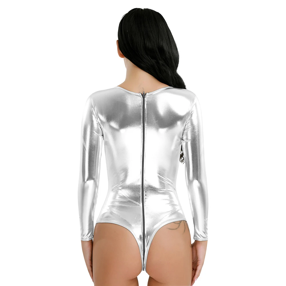 iEFiEL Sexy Womens Wetlook Bodycon Patent Leather Leotard Bodysuit with Zipper Crotch High Cut Dancewear for Nightclub Parties white bodysuit