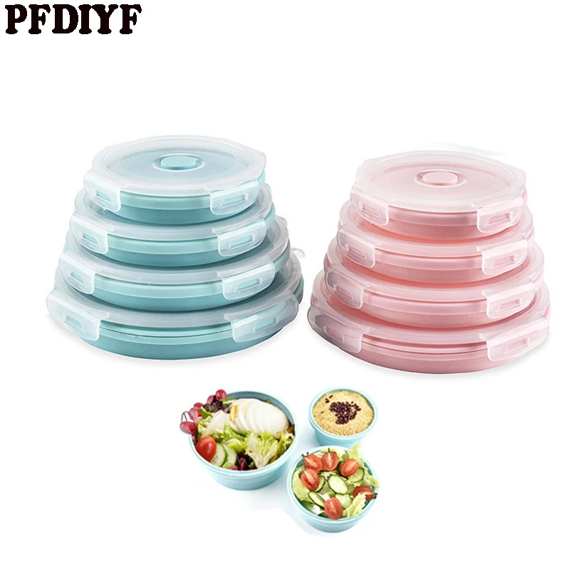 

4Pcs/set Foldable Fresh-Keeping Lunch Box Round Microwave Heating Silicone Lunch Boxes Bento Box Eco-Friendly Food Container