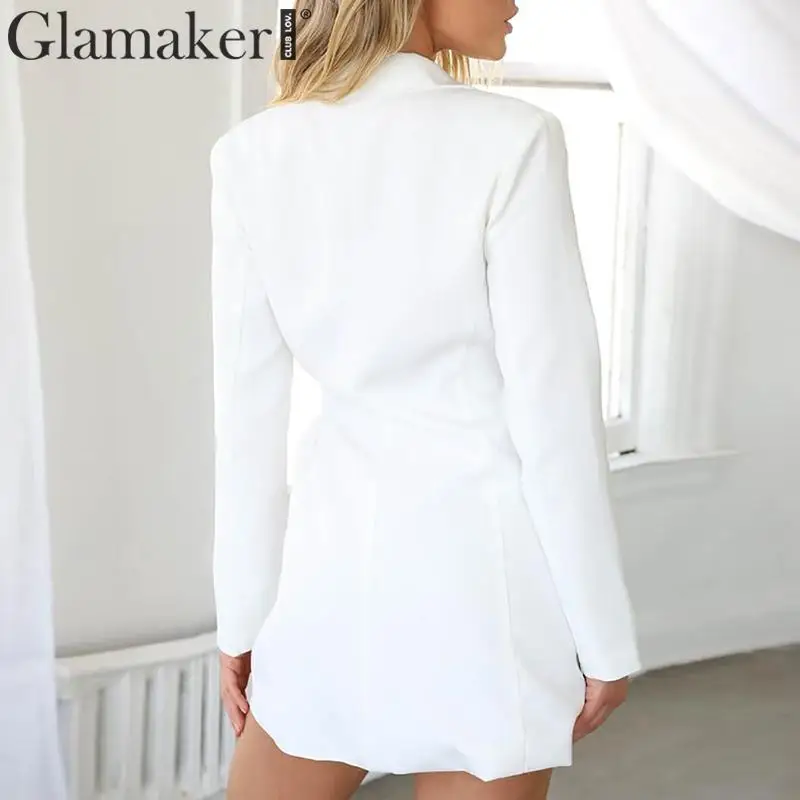 Glamaker, белый пояс, v-образный вырез, женские блейзеры и куртки, осень, однотонный, для офиса, леди, длинный рукав, Повседневный Кардиган, зубчатый, элегантный Блейзер