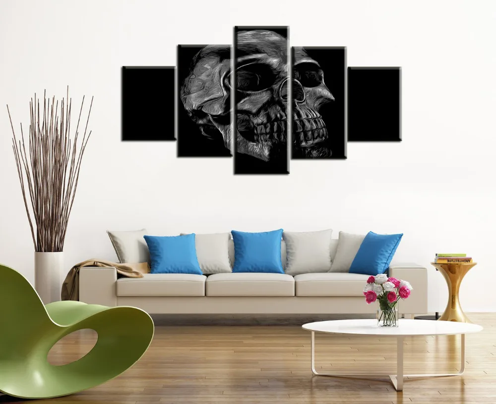 Halloween Day Skull Canvas Wall Art Abstract Gold Print Home Decor for Living Room Contemporary HD Pictures 5 Panels