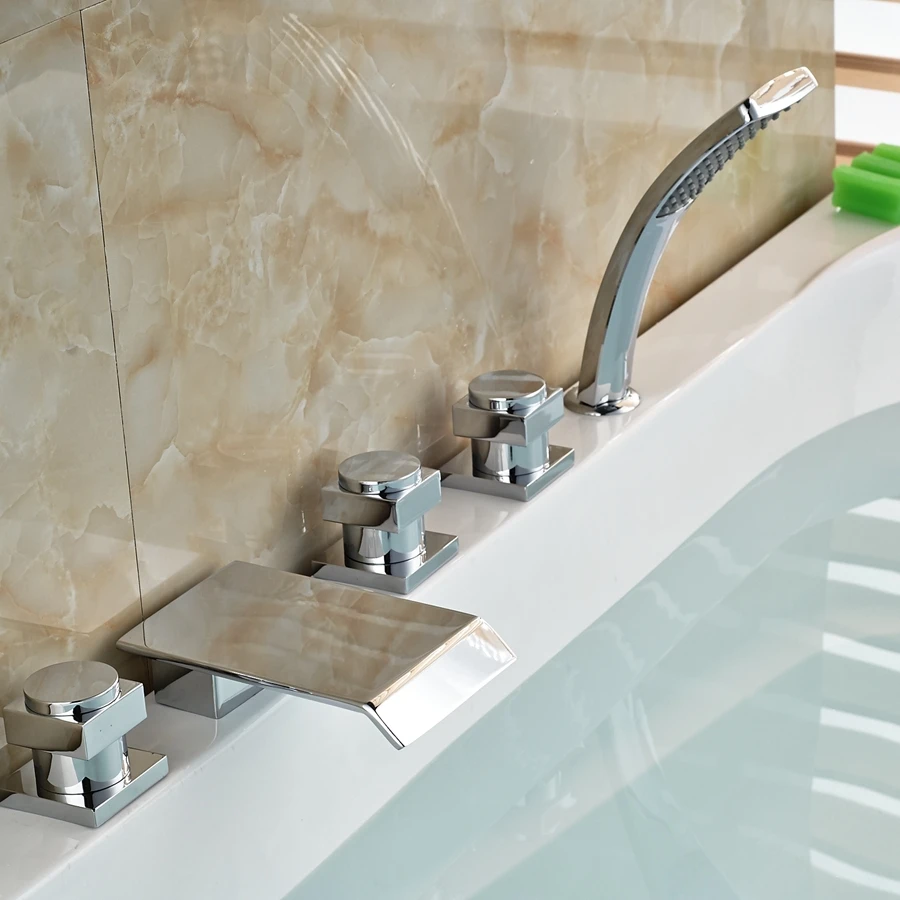 Pull Out Hand Sprayer Chrome Brass Bathroom Tub Spout Deck Mounted