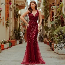 Burgundy evening dresses ever pretty EP07886 V-neck mermaid sequined evening dresses women elegant party dresses Lange Jurk 2020
