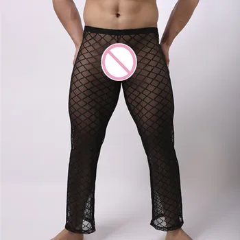 

Fashion Grid Fishnet Men Sexy See Through Lounge Pants Gay Male Funny Sheer Long Pajama Bottoms Comfortable Sleep Bottoms