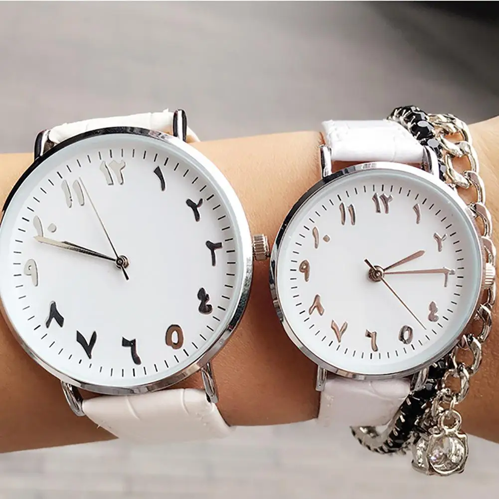 

Unisex Arabic Numbers Faux Leather Analog Quartz Wrist Watch Lover Couple Gift