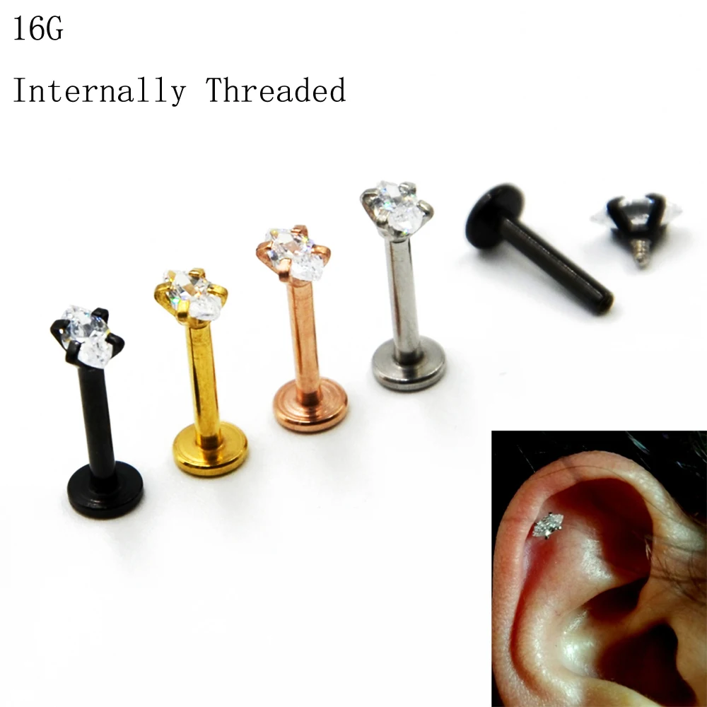 AZARIO LONDON 14K Solid Yellow Gold Claw Set 2MM Round CZ Stone Internal Threaded Top 16 Gauge Hollow Lip Labret Tragus Bar Piercing Jewellery