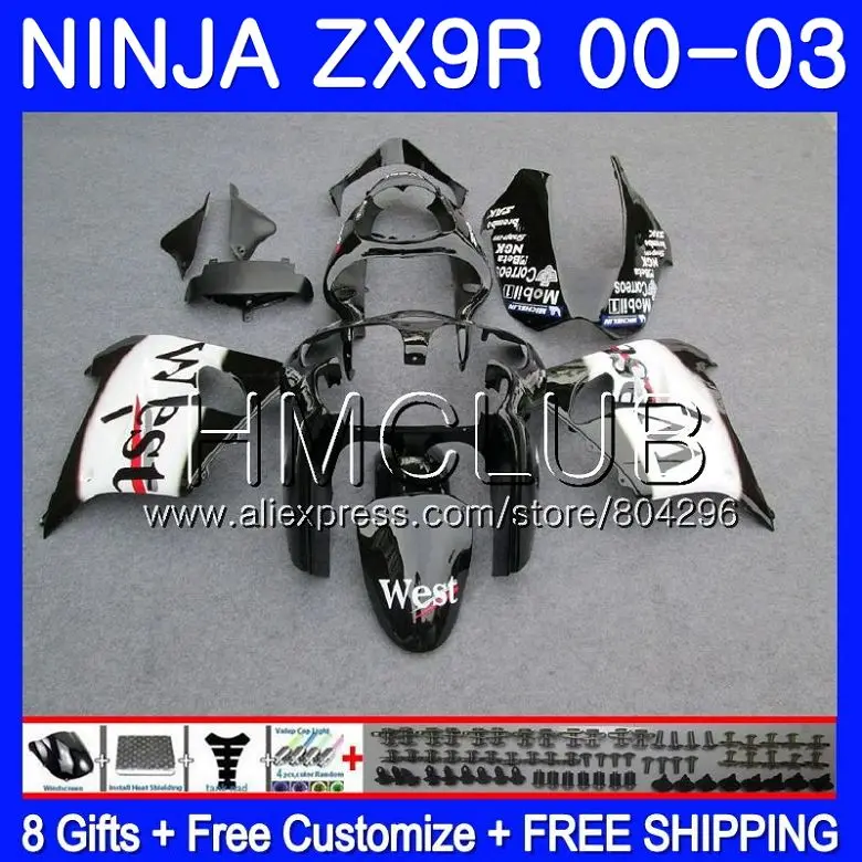 

Body For KAWASAKI NINJA ZX 9R 9 R 900 ZX9R 00 01 02 03 44HM.19 ZX900 900CC ZX9 R ZX-9R Black west 2000 2001 2002 2003 Fairing