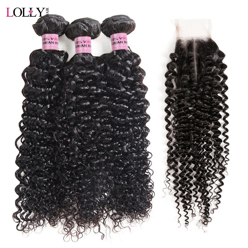 

Kinky Curly Hair Bundles with Closure Brazilian Hair Weave Bundles With Closure 2x4 Middle Part 2/3 Remy Hair and Closure Lolly