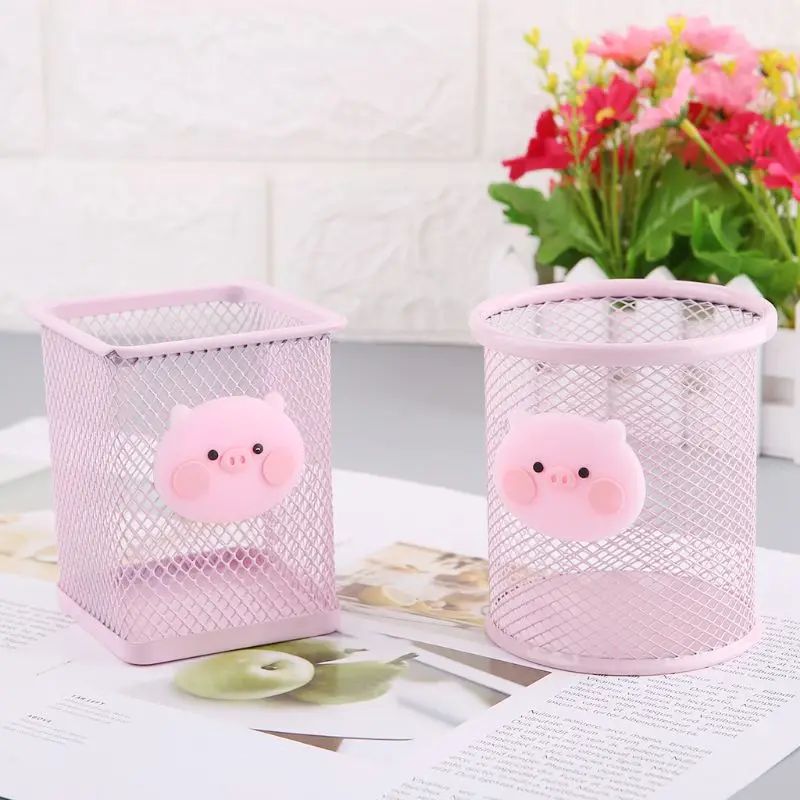 

Cute Round/Square Pen Holder Pink Metal Grid Container Large Capacity Multi-function Storage Box Girls Holiday Gifts C26