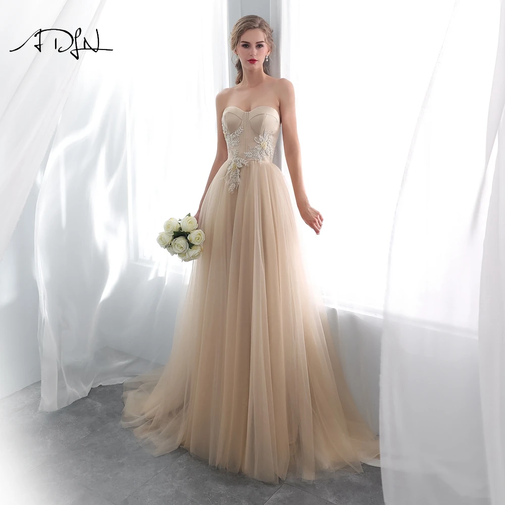 

ADLN Simple Champagne Evening Gowns Custom Made Strapless Sleeveless Tulle Lace-up Back Party Dresses Long Robe de Soiree 2019