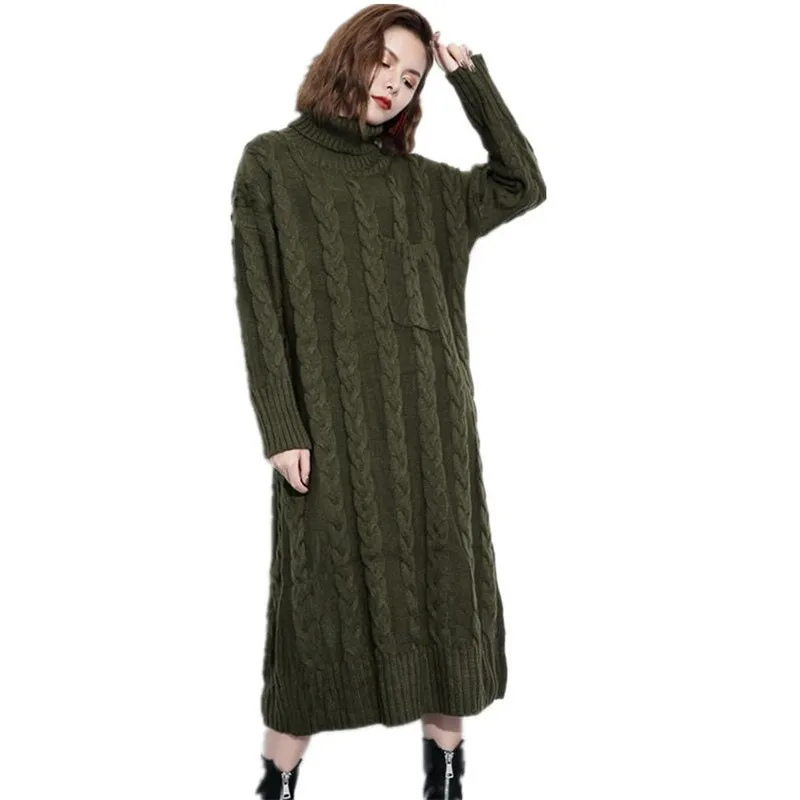

Casual turtleneck knitted sweater dress women Cotton Loose bodycon dress pullover female Autumn winter dress 2019 Army Green